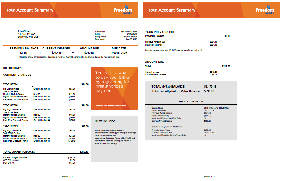Canada Freedom Mobile utility bill template in Word and PDF formats, 2 pages